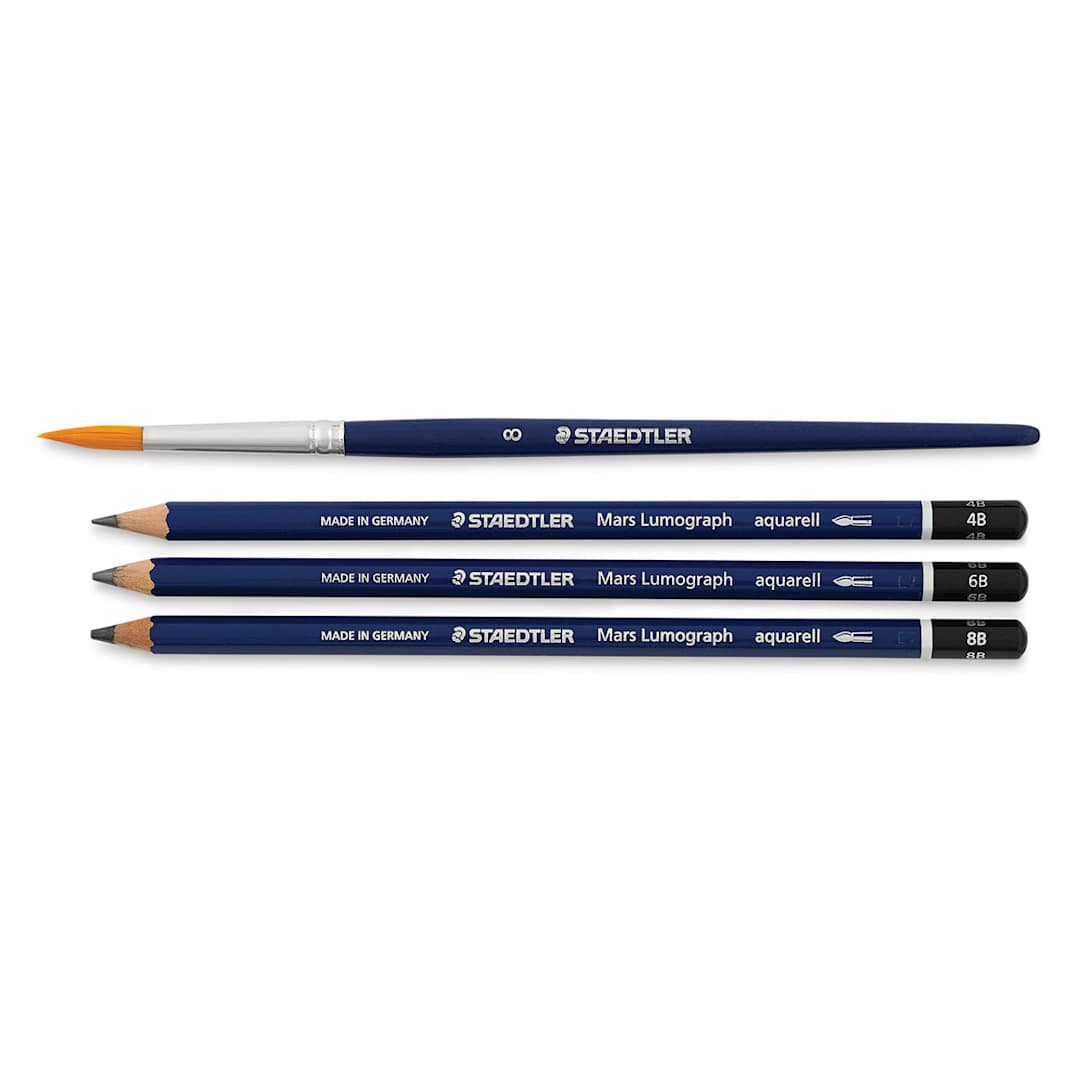 Open in modal - Staedtler Mars Lumograph Aquarell Pencil Set - Component pencils shown with included brush