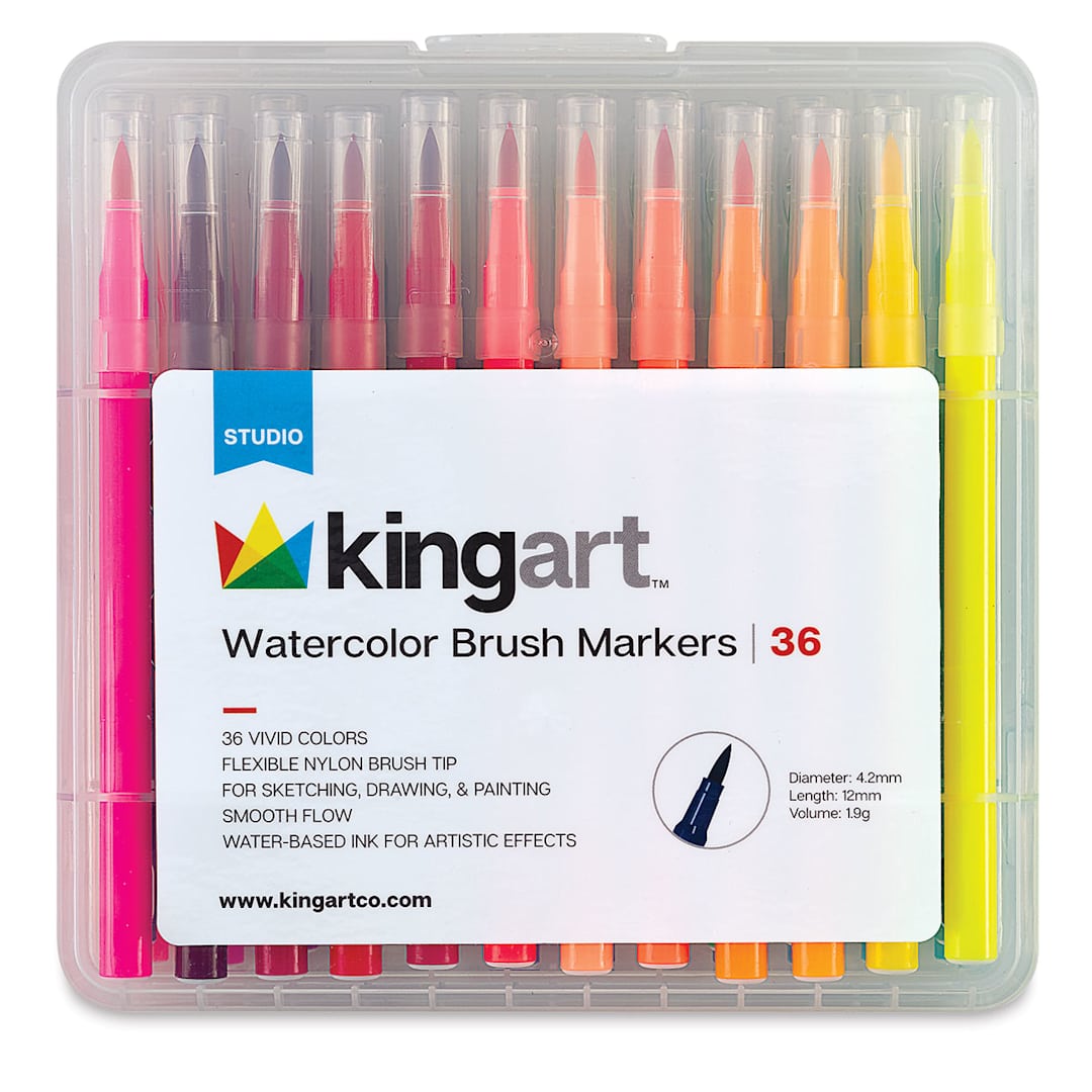 Open in modal - Kingart Watercolor Brush Marker Sets - Front of package of 36 markers