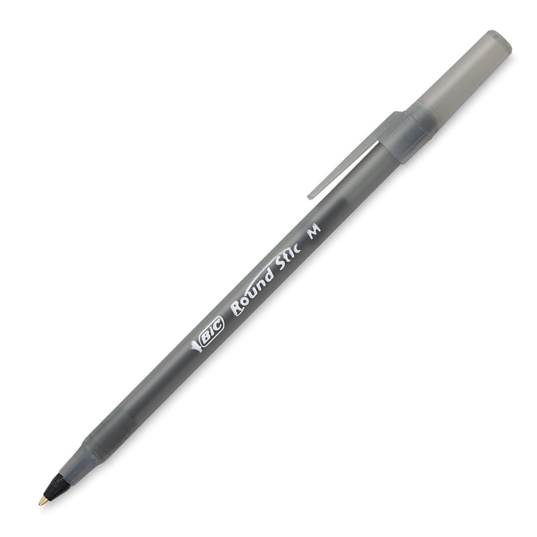 Open in modal - Bic Round Stic Extra Life Xtra Value Packs - Black pen shown at angle and uncapped
