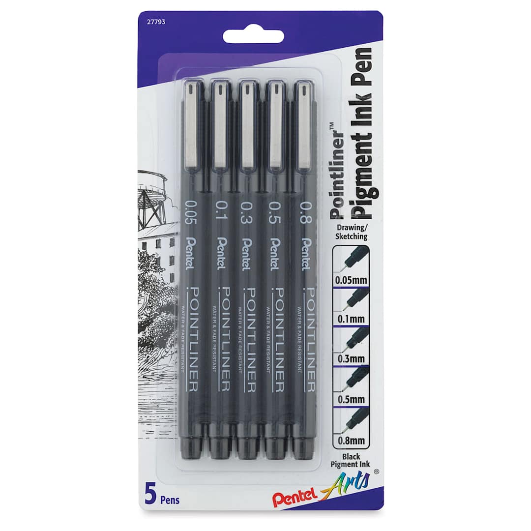 Open in modal - Pentel Arts Pointliner Pen Set - Front of blister package of 5 pc Set