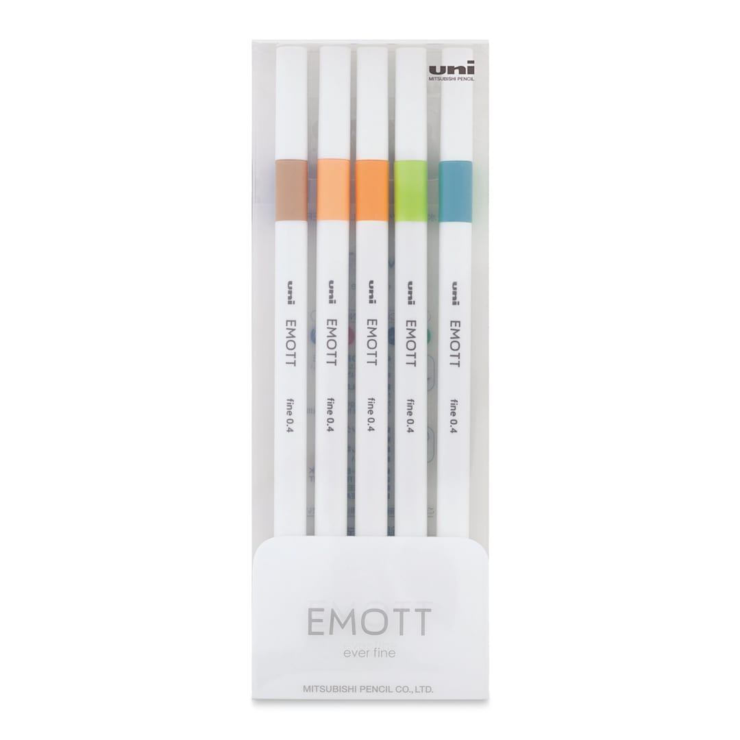Open in modal - Uni Emott Fineliners - Set of 5, Nature Colors (front of package)