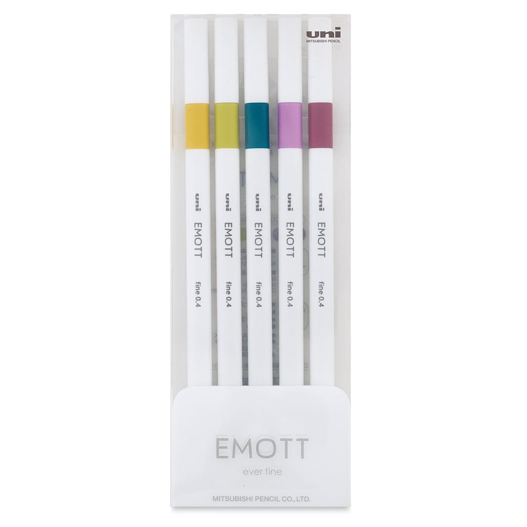 Open in modal - Uni Emott Fineliners - Set of 5, Retro Colors (front of package)