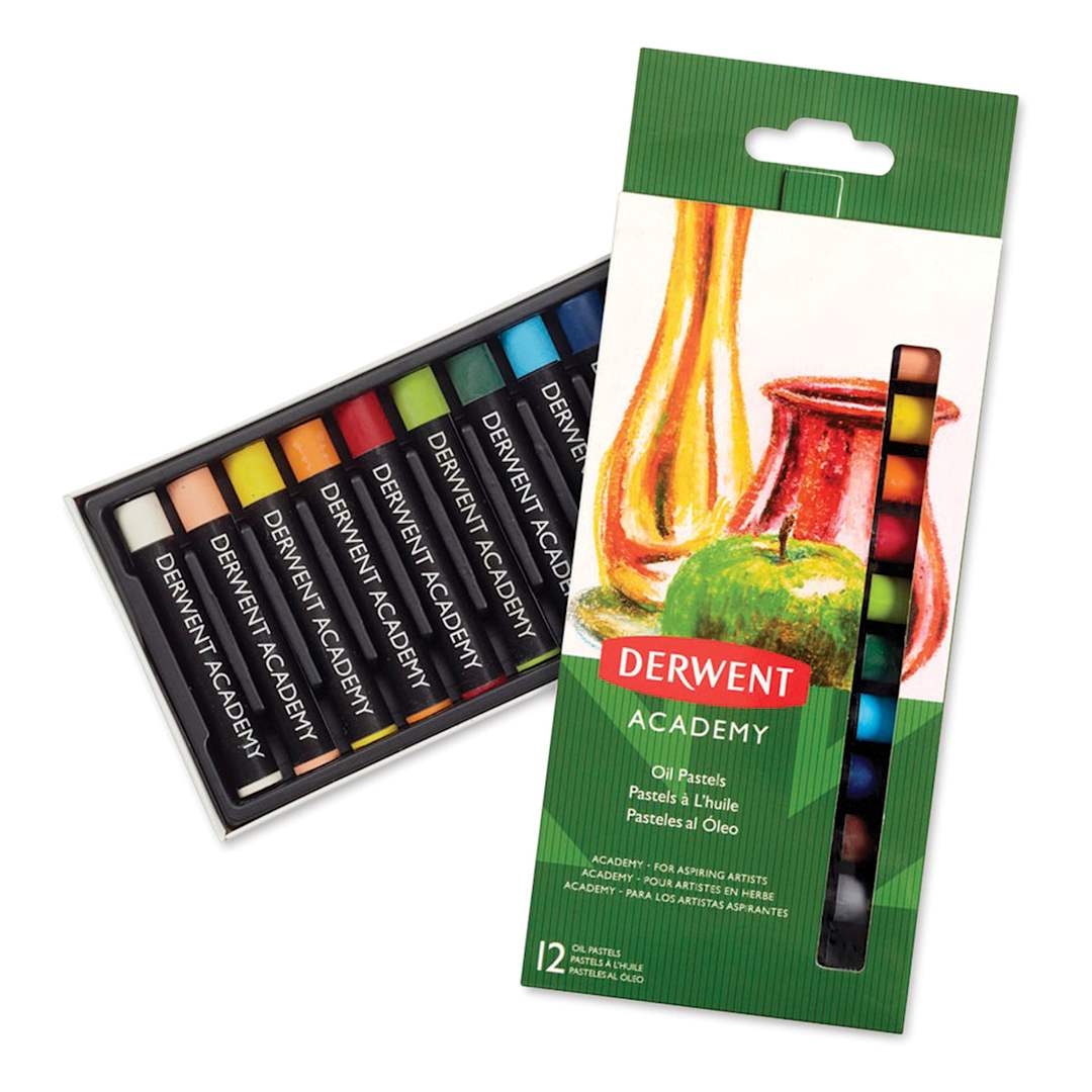 Open in modal - Derwent Academy Oil Pastels - Set of 12 pastels in tray with package adjacent