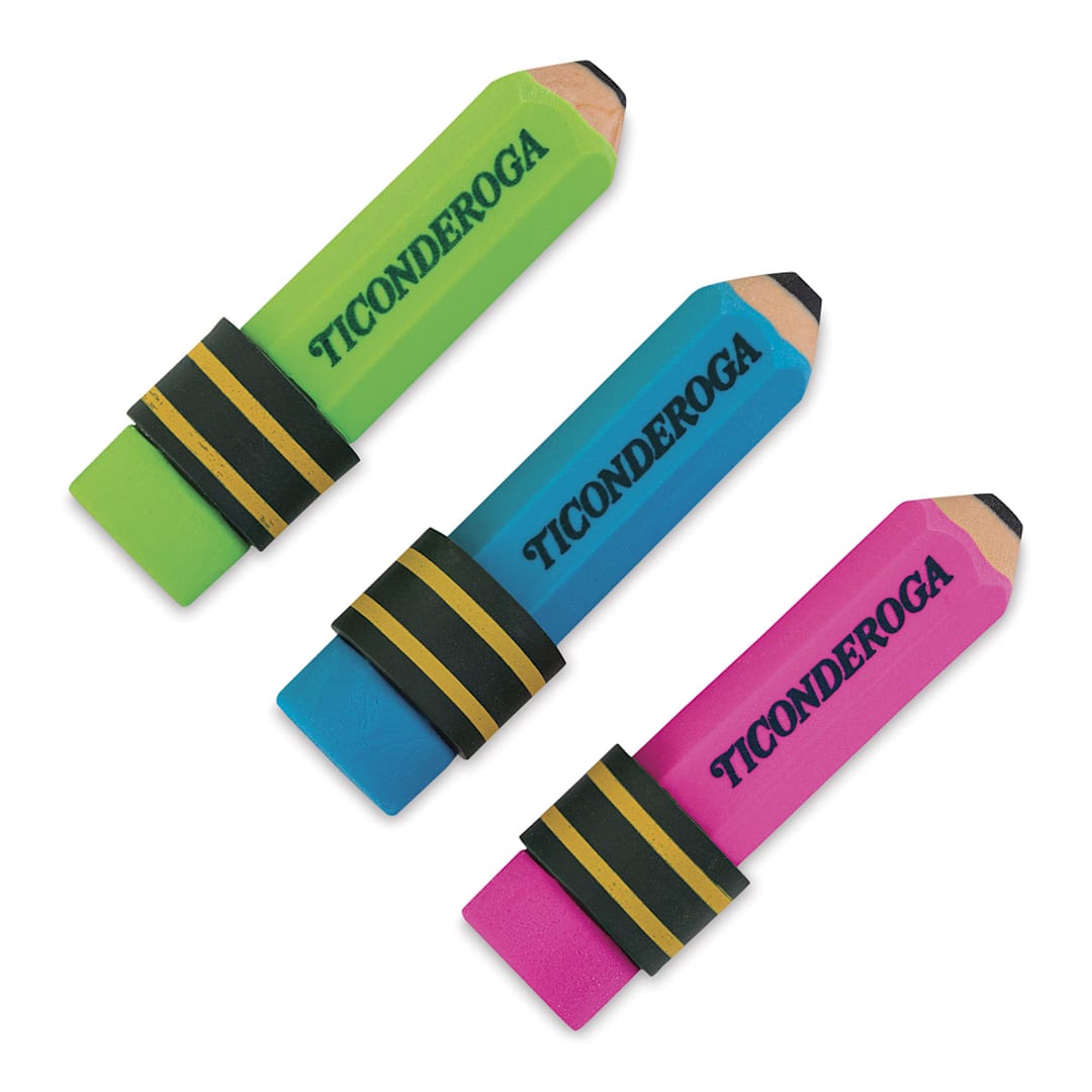 Open in modal - Ticonderoga Neon Pencil Shaped Erasers - neon green, blue, and pink erasers shown