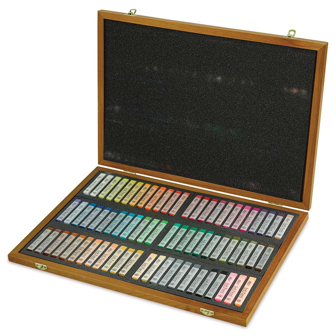 Open in modal - Mungyo Gallery Artists' Soft Pastels - Set of 72, Wooden Box (contents angled view)