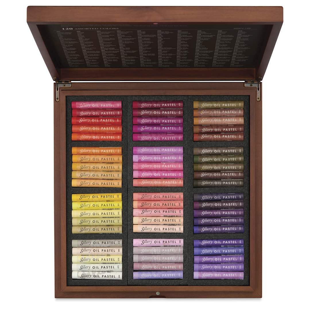 Open in modal - Mungyo Gallery Artists' Soft Oil Pastels - Set of 120, Wooden Box, pastels shown from above