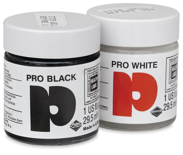 Open in modal - Daler-Rowney Pro Inks - Front of Black and White 1 oz jars shown together