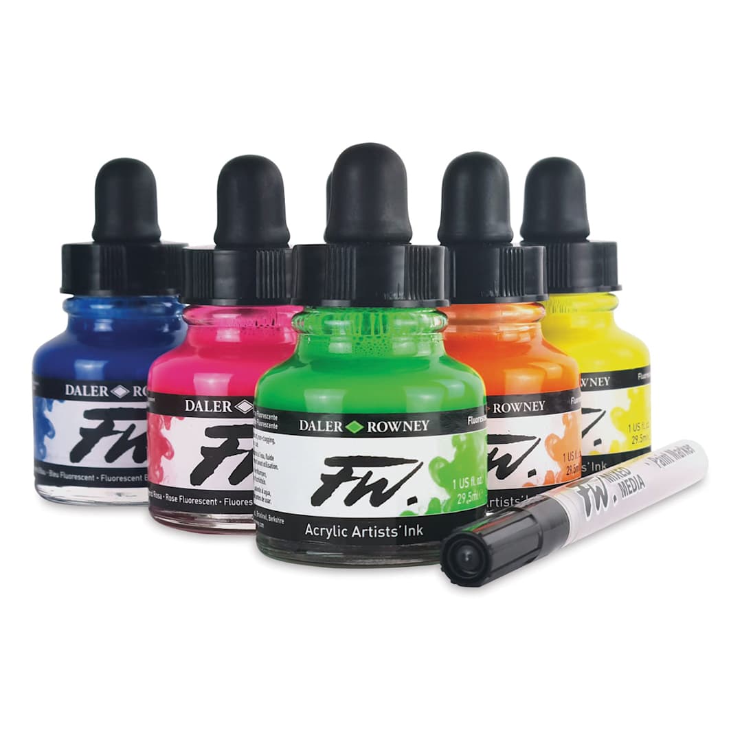 Open in modal - Daler-Rowney FW Acrylic Water-Resistant Artists Ink - 1 oz, Neon Colors, Set of 6 with Empty Marker