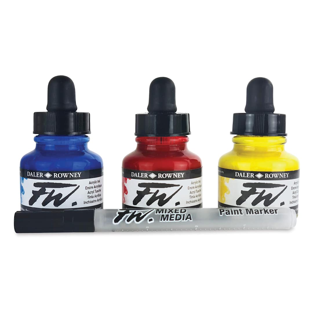 Open in modal - Daler-Rowney FW Acrylic Water-Resistant Artists Ink - 1 oz, Starter Colors, Set of 3 (three bottles of ink and an empty marker)