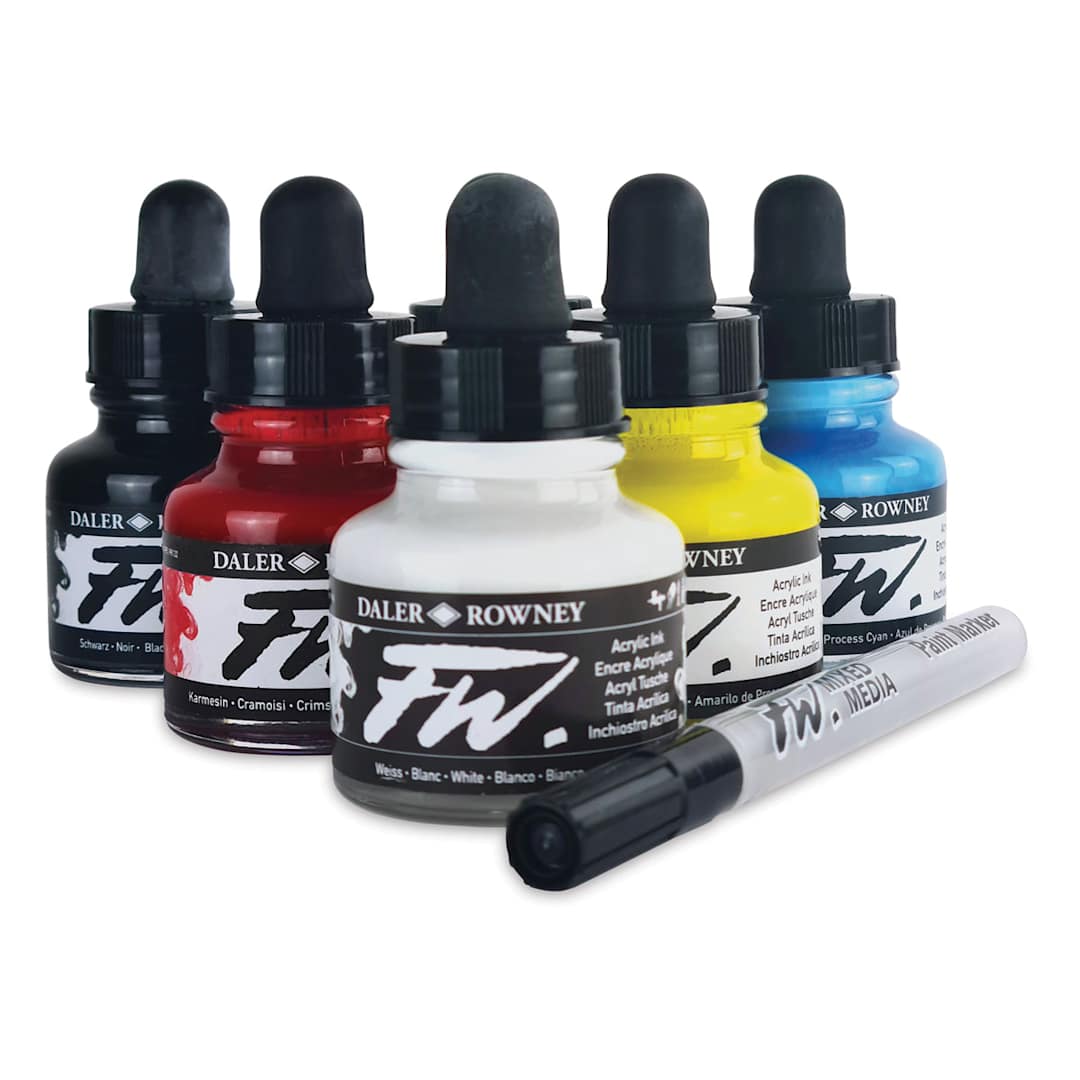 Open in modal - Daler-Rowney FW Acrylic Water-Resistant Artists Ink - 1 oz, Primary Colors, Set of 6 with Empty Marker
