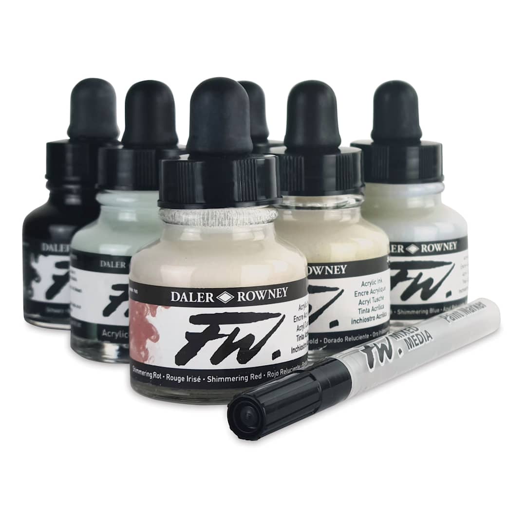 Open in modal - Daler-Rowney FW Acrylic Water-Resistant Artists Ink - 1 oz, Shimmer Colors, Set of 6 with Empty Marker