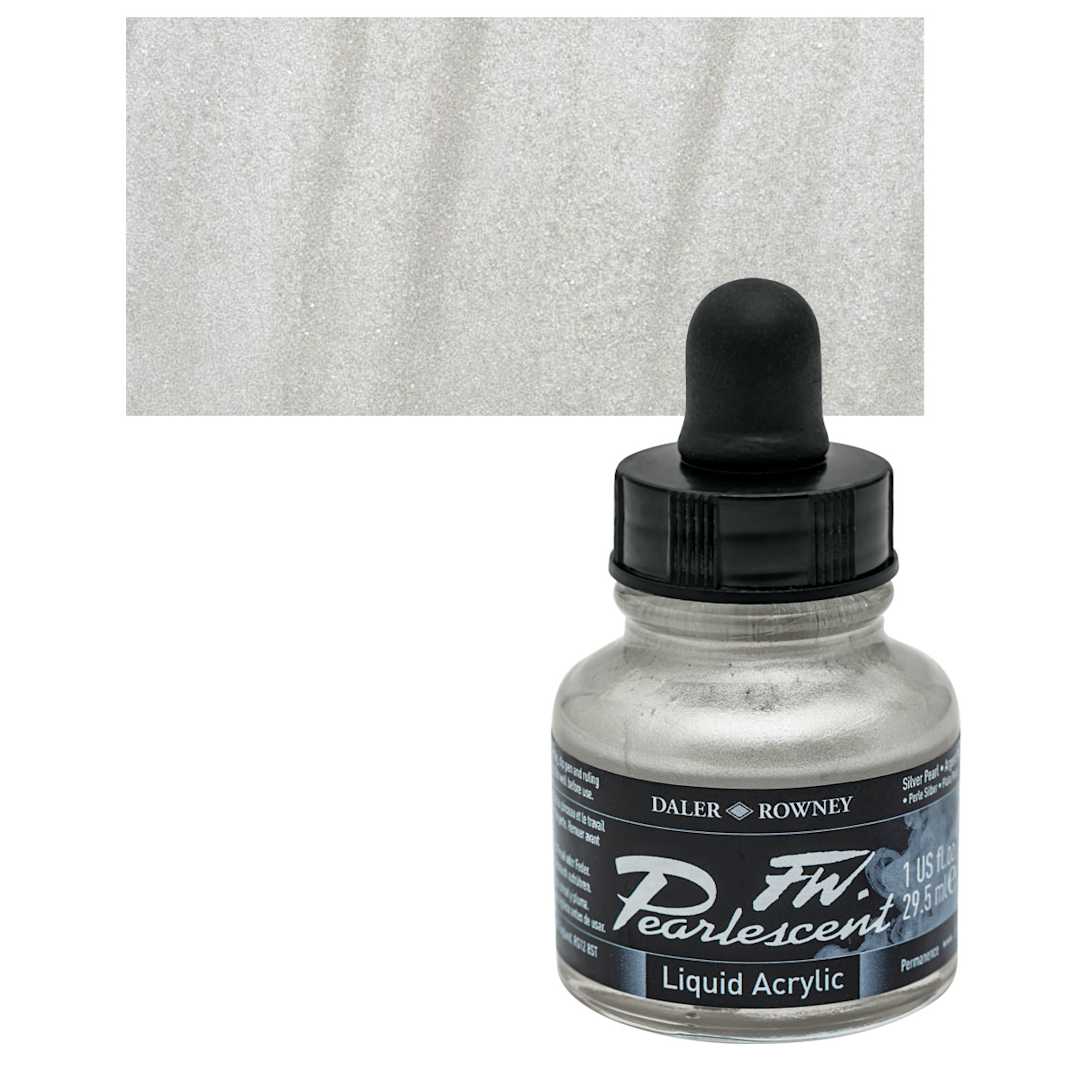 Open in modal - Daler-Rowney FW Acrylic Pearlescent Liquid Acrylic Artist's Ink - 1 oz, Silver Pearl and swatch