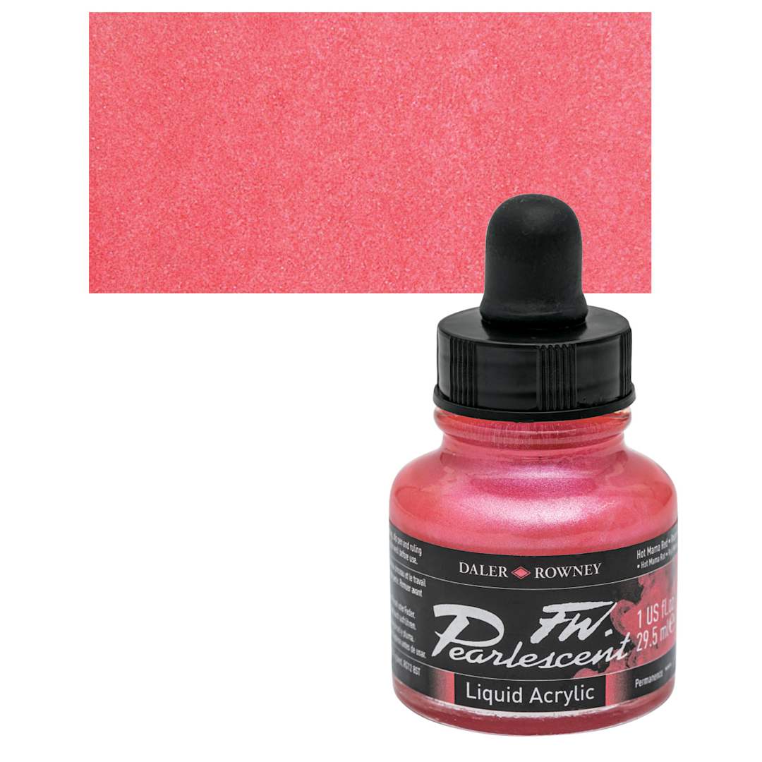 Open in modal - Daler-Rowney FW Acrylic Pearlescent Liquid Acrylic Artist's Ink - 1 oz, Hot Mama Red and swatch