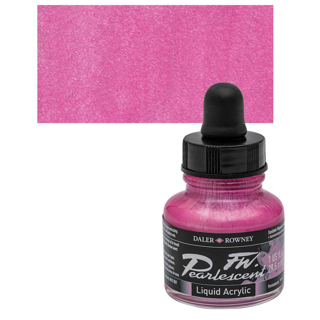 Open in modal - Daler-Rowney FW Acrylic Pearlescent Liquid Acrylic Artist's Ink - 1 oz, Sundown Magenta and swatch