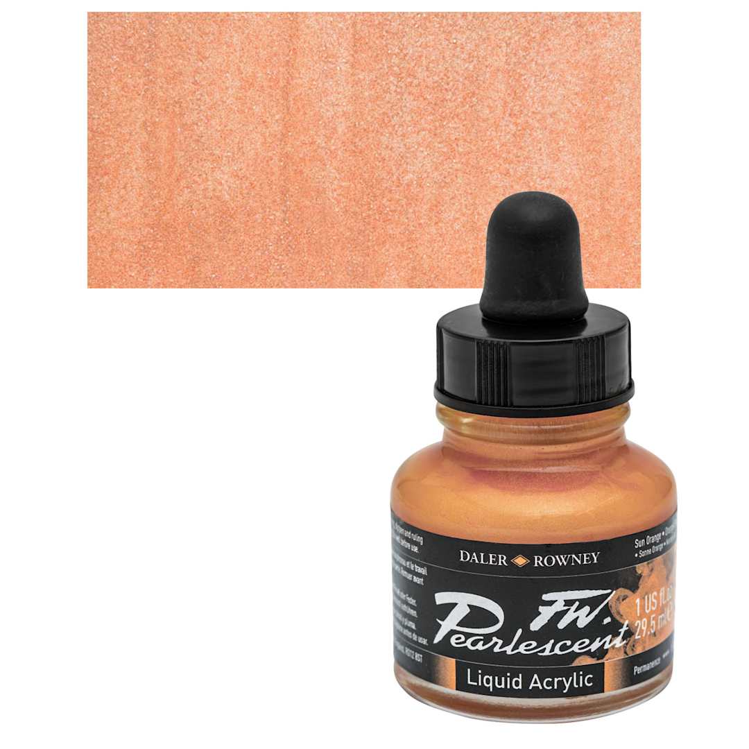 Open in modal - Daler-Rowney FW Acrylic Pearlescent Liquid Acrylic Artist's Ink - 1 oz, Sun Orange and swatch
