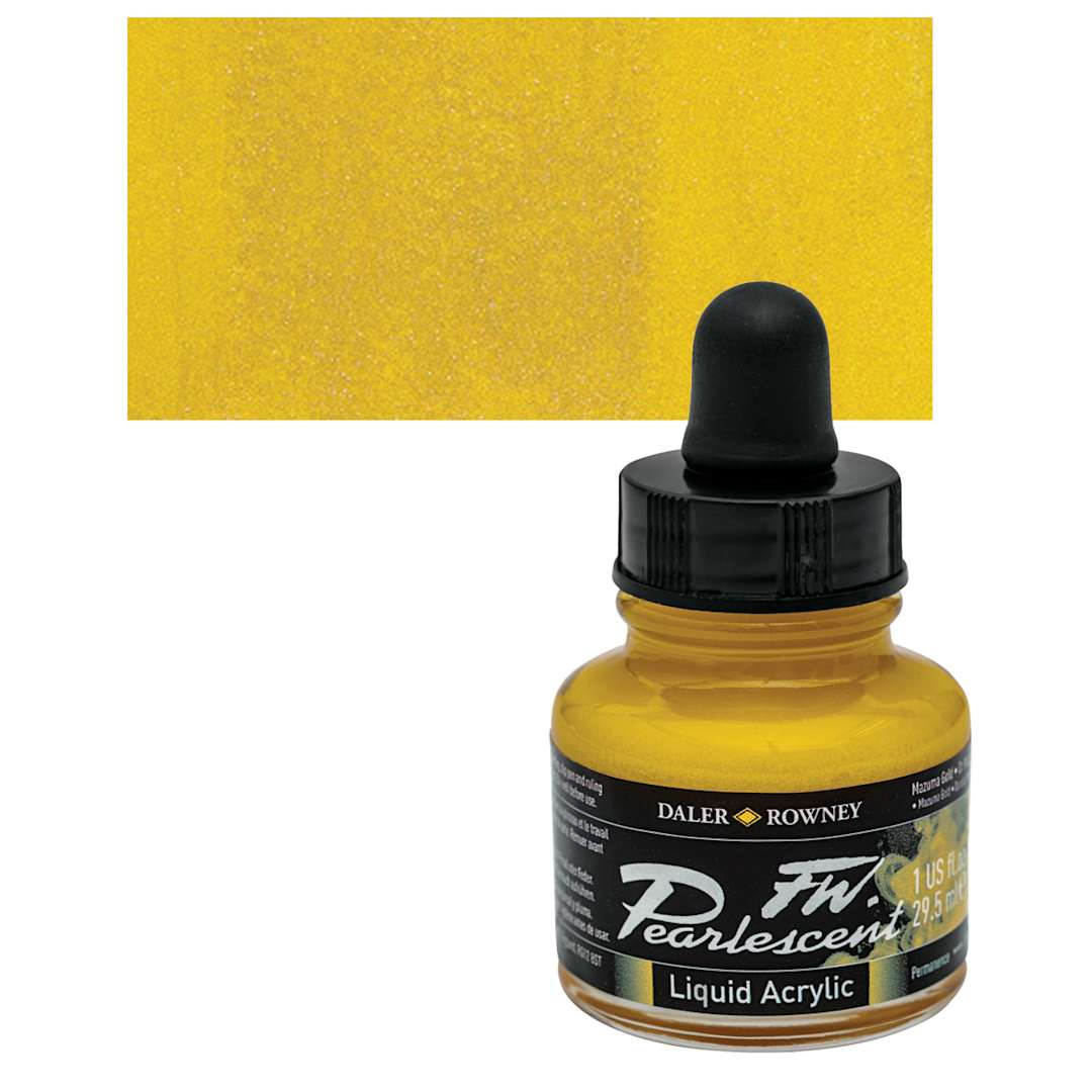 Open in modal - Daler-Rowney FW Acrylic Pearlescent Liquid Acrylic Artist's Ink - 1 oz, Mazuma Gold and swatch