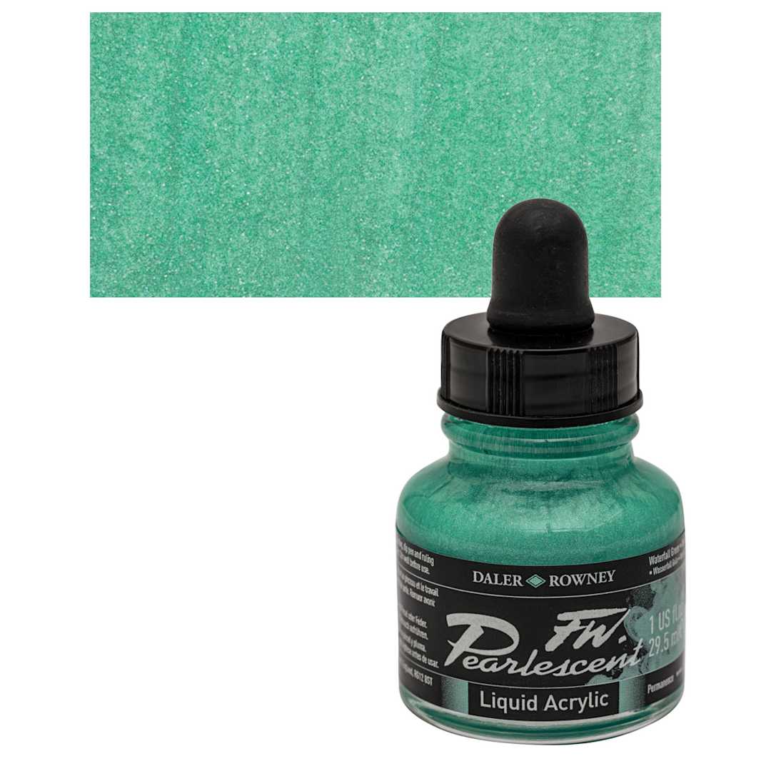 Open in modal - Daler-Rowney FW Acrylic Pearlescent Liquid Acrylic Artist's Ink - 1 oz, Waterfall Green and swatch