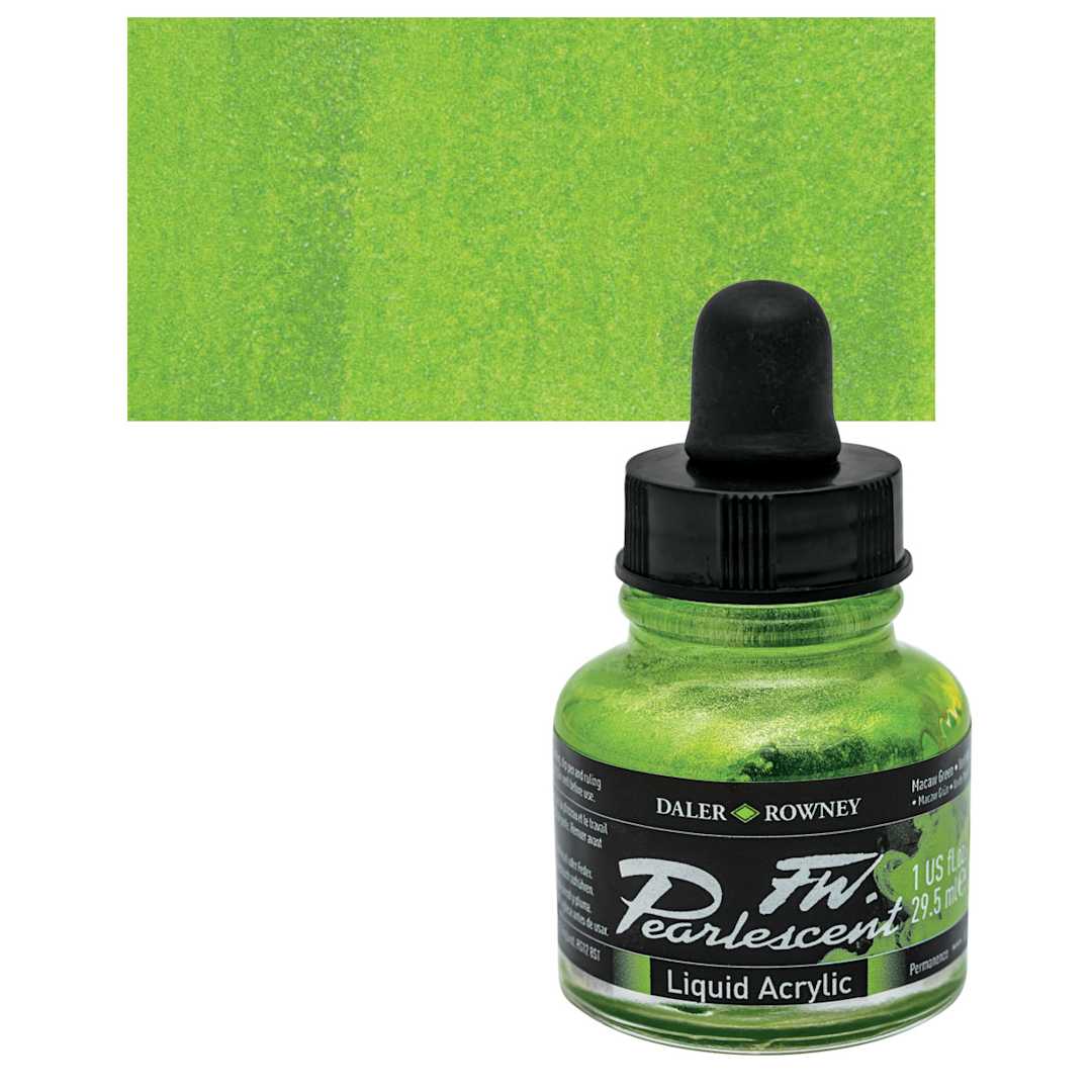 Open in modal - Daler-Rowney FW Acrylic Pearlescent Liquid Acrylic Artist's Ink - 1 oz, Macaw Green and swatch