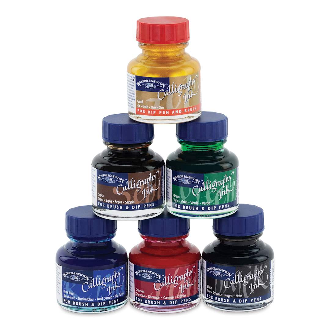 Open in modal - Winsor & Newton Calligraphy Ink - Assorted Colors, Set of 6, bottles stacked like a pyramid