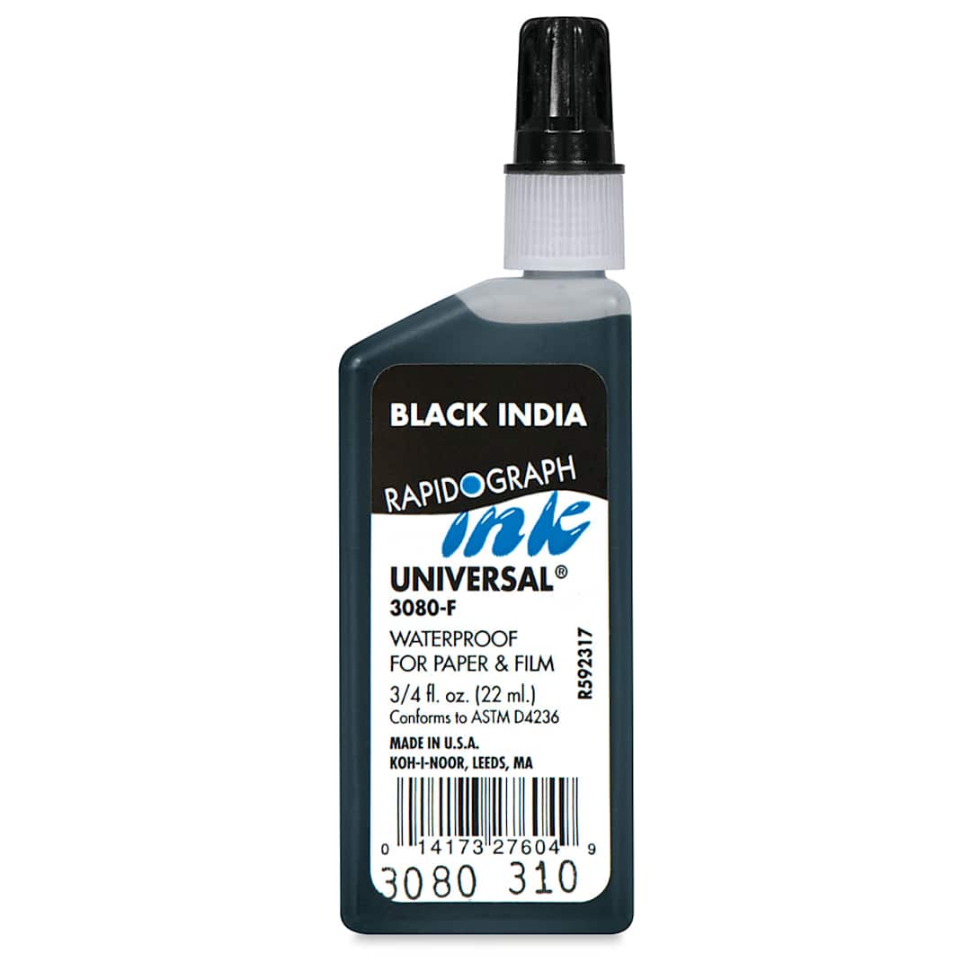 Open in modal - Koh-I-Noor Rapidograph Universal Ink - Front view of 3/4 oz bottle of Black India Ink