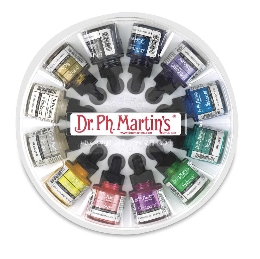 Open in modal - Dr. Ph. Martin's Iridescent Calligraphy Ink Set - Top view of Set 1 with 1 oz bottles