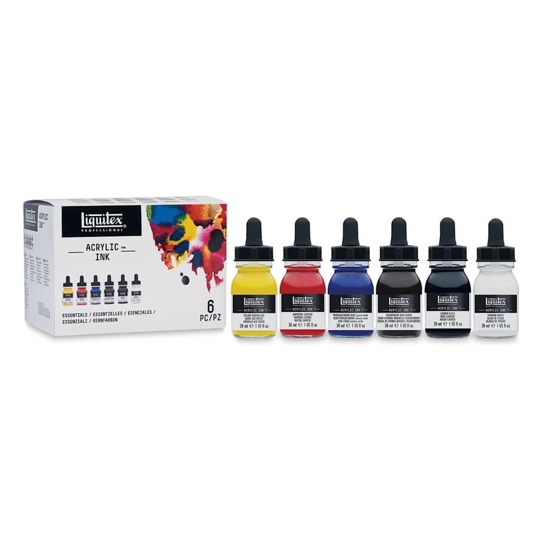 Open in modal - Liquitex Professional Acrylic Ink Set - Set of 6 Essential Ink Colors shown next to package