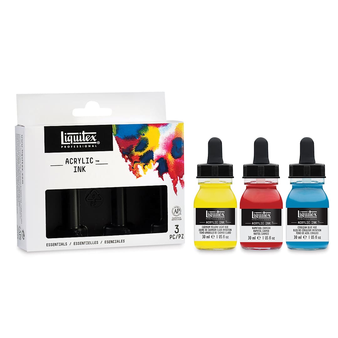 Open in modal - Liquitex Professional Acrylic Ink Set - Set of 3 Basic Ink Colors shown next to package