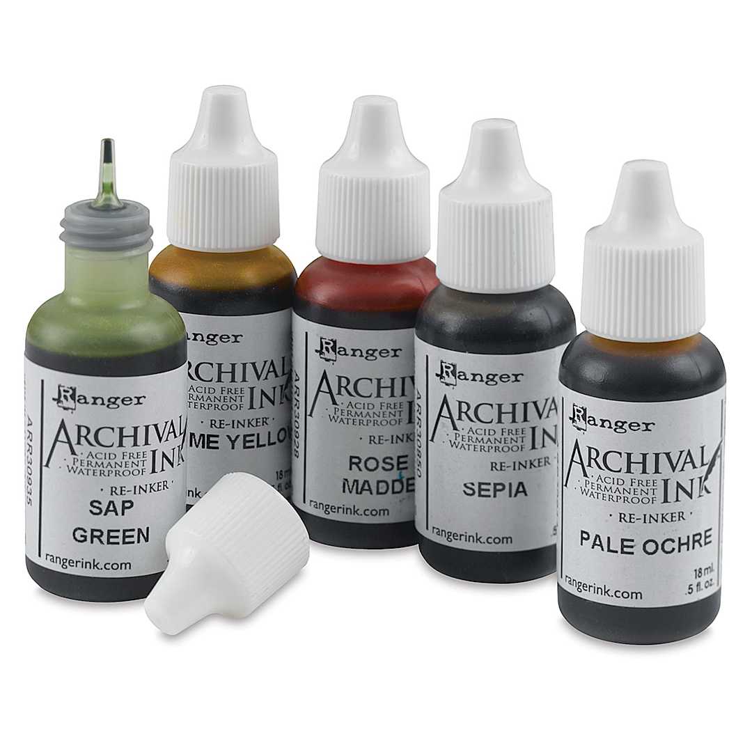 Open in modal - Ranger Archival Ink Re-Inkers - Five bottles of Ink, one uncapped