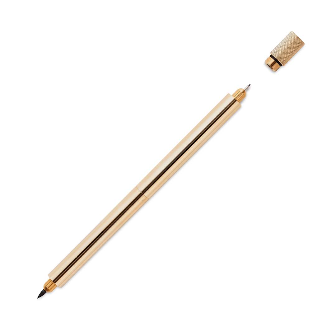 Open in modal - Tom's Studio Lumos Pro Refillable Dual Tip Pen Set - Brass, pen with cap off