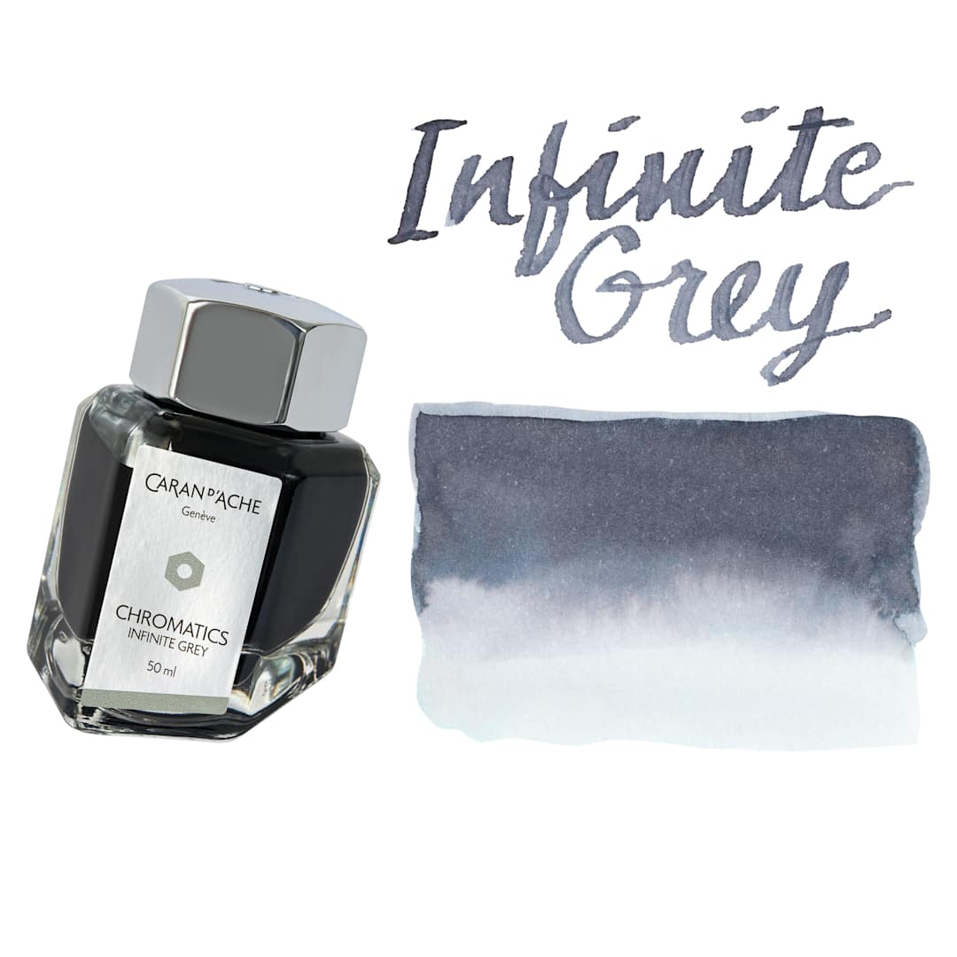 Open in modal - Caran d'Ache Chromatics Ink - Infinite Grey, swatch and jar