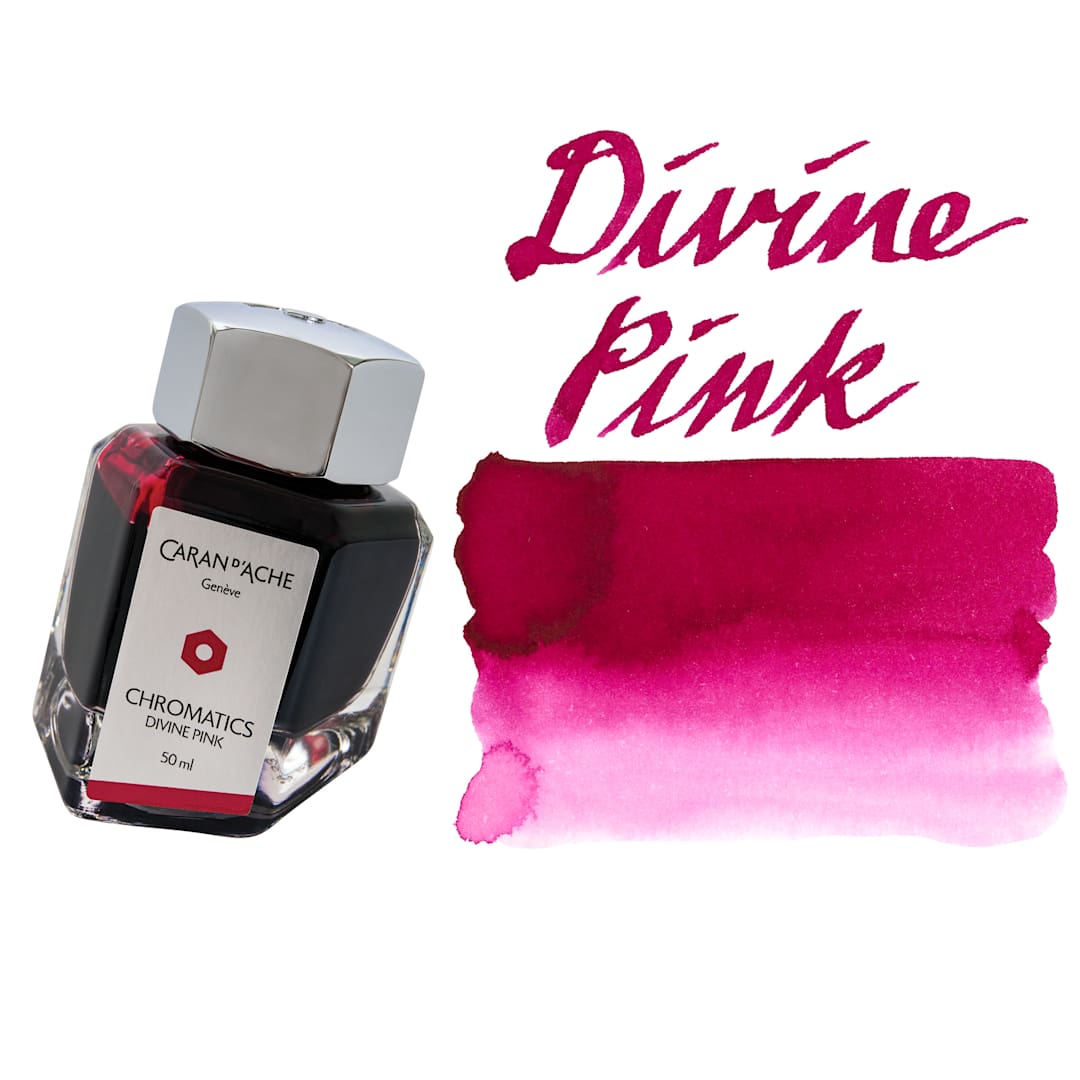 Open in modal - Caran d'Ache Chromatics Ink - Divine Pink, swatch and jar