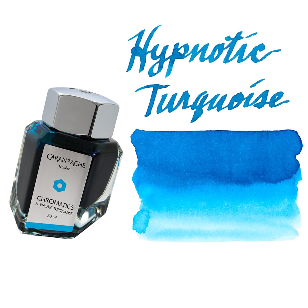 Open in modal - Caran d'Ache Chromatics Ink - Hypnotic Turquoise, swatch and jar