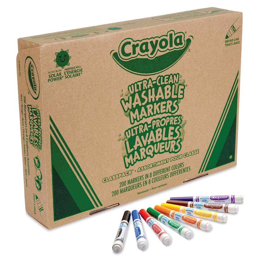 Open in modal - Crayola Ultra-Clean Washable Markers Classroom Pack - Set of 200, box and markers laid out