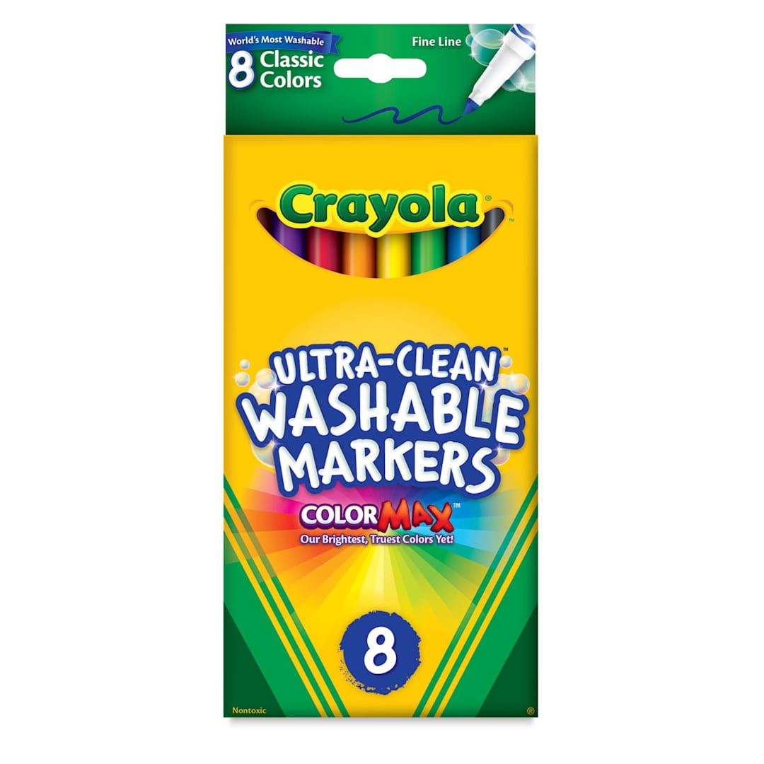 Open in modal - Crayola Ultra-Clean Washable Markers, set of 8, fine line, classic colors (front of package)