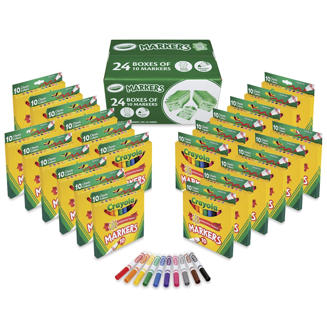Open in modal - Crayola Broad Line Markers - Assorted Colors, Bulk Pkg of 240, contents laid out