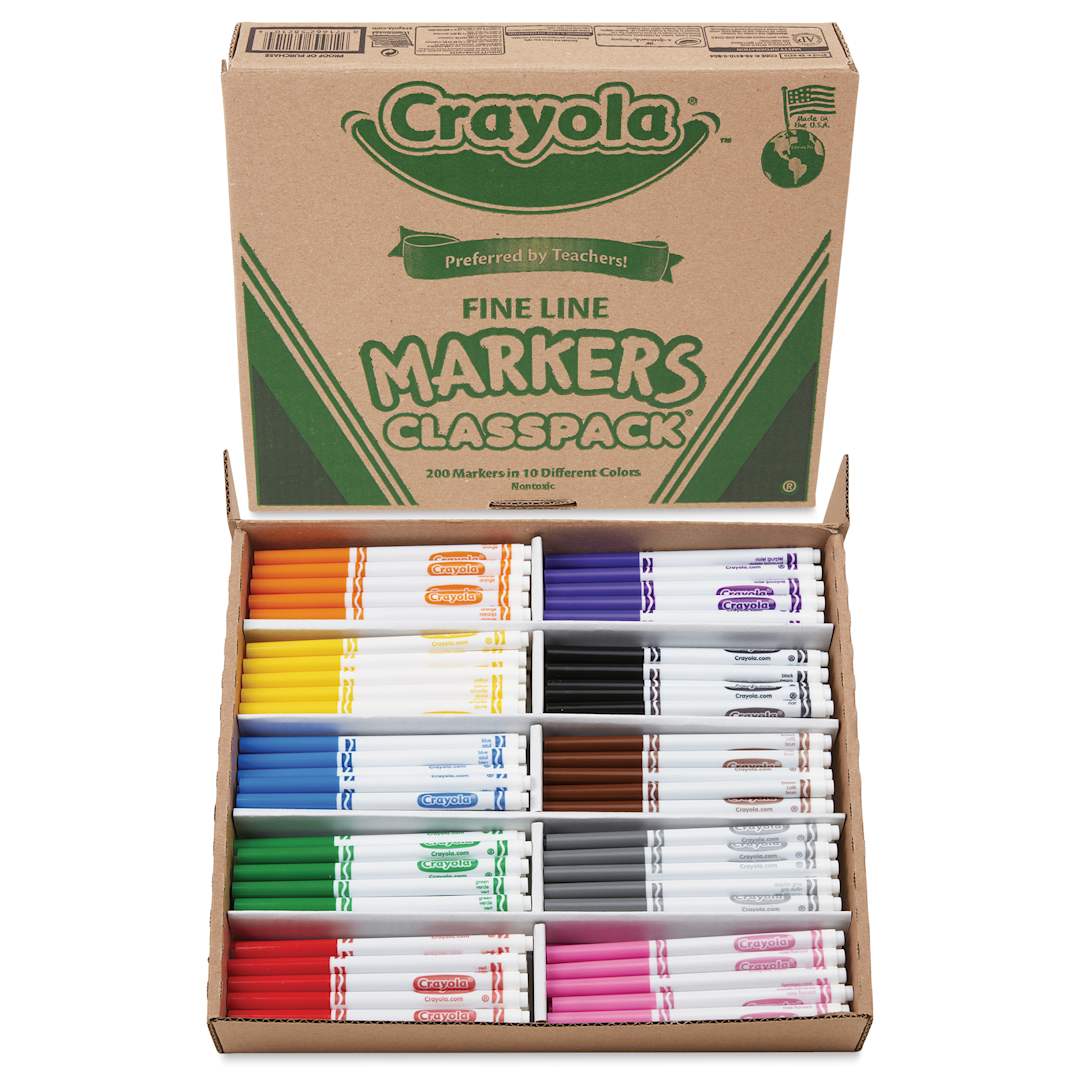 Open in modal - Crayola Fine Line Markers - Assorted Colors, Set of 200, markers shown in front of box