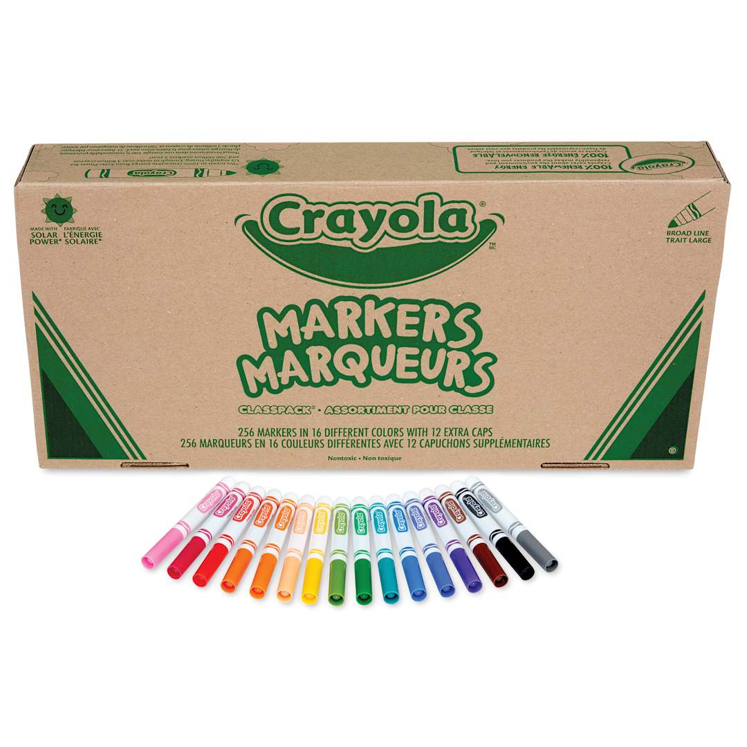 Open in modal - Crayola Broad Line Markers - Classpack, Set of 256, front of the box and markers laid out