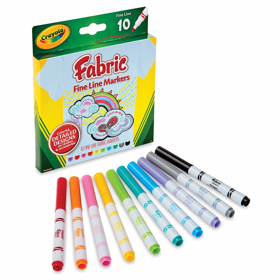 Open in modal - Crayola Fabric Markers - Angled view of package of 10 markers with uncapped markers shown in front 