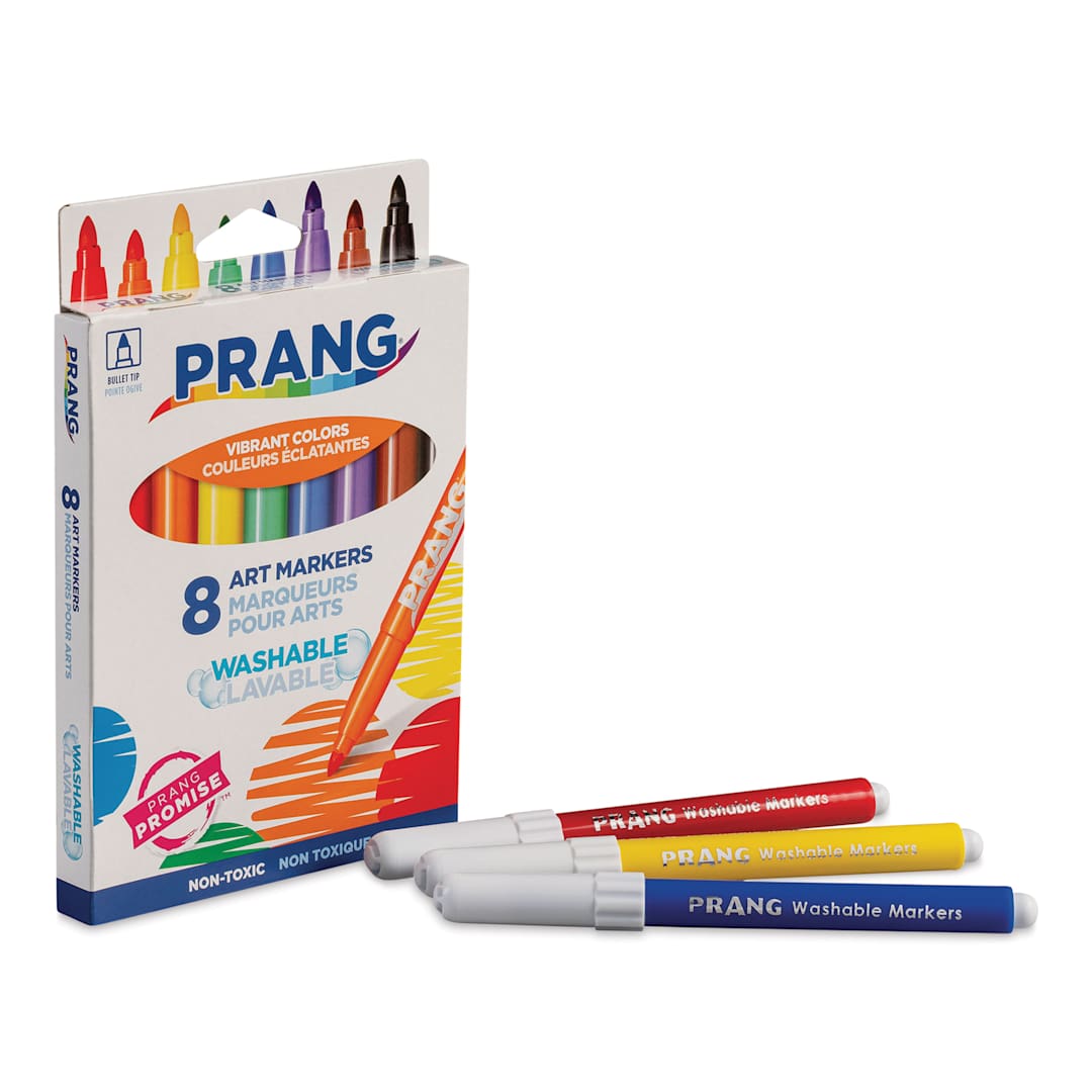 Open in modal - Prang Washable Markers - Set of 8, three single markers laid out in front of the packaging