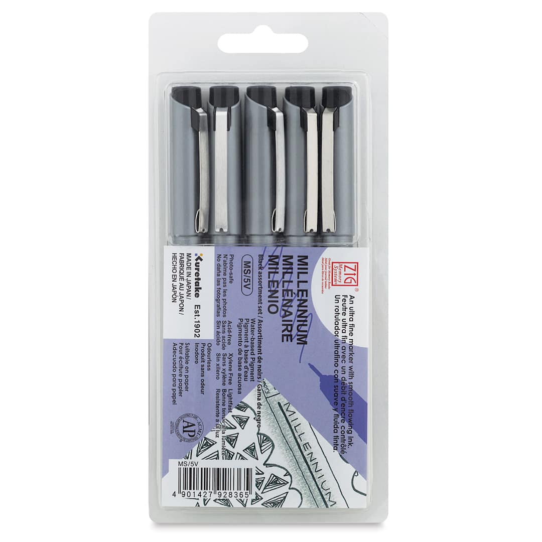 Open in modal - Kuretake Zig Millennium Fineliner Pens - Set of 5, Black