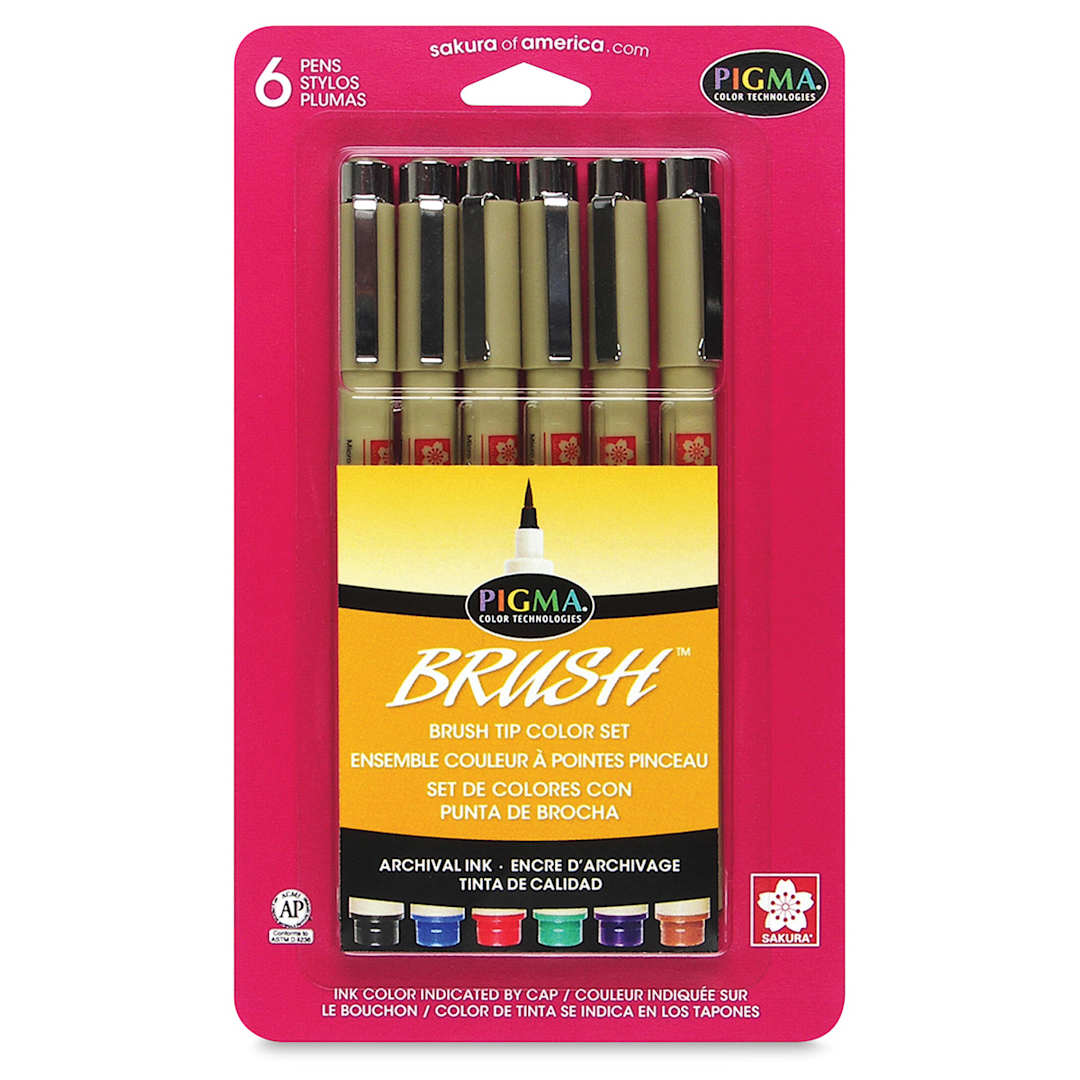 Open in modal - Sakura Pigma Brush Marker Sets - Front of package of set of 6 assorted color markers