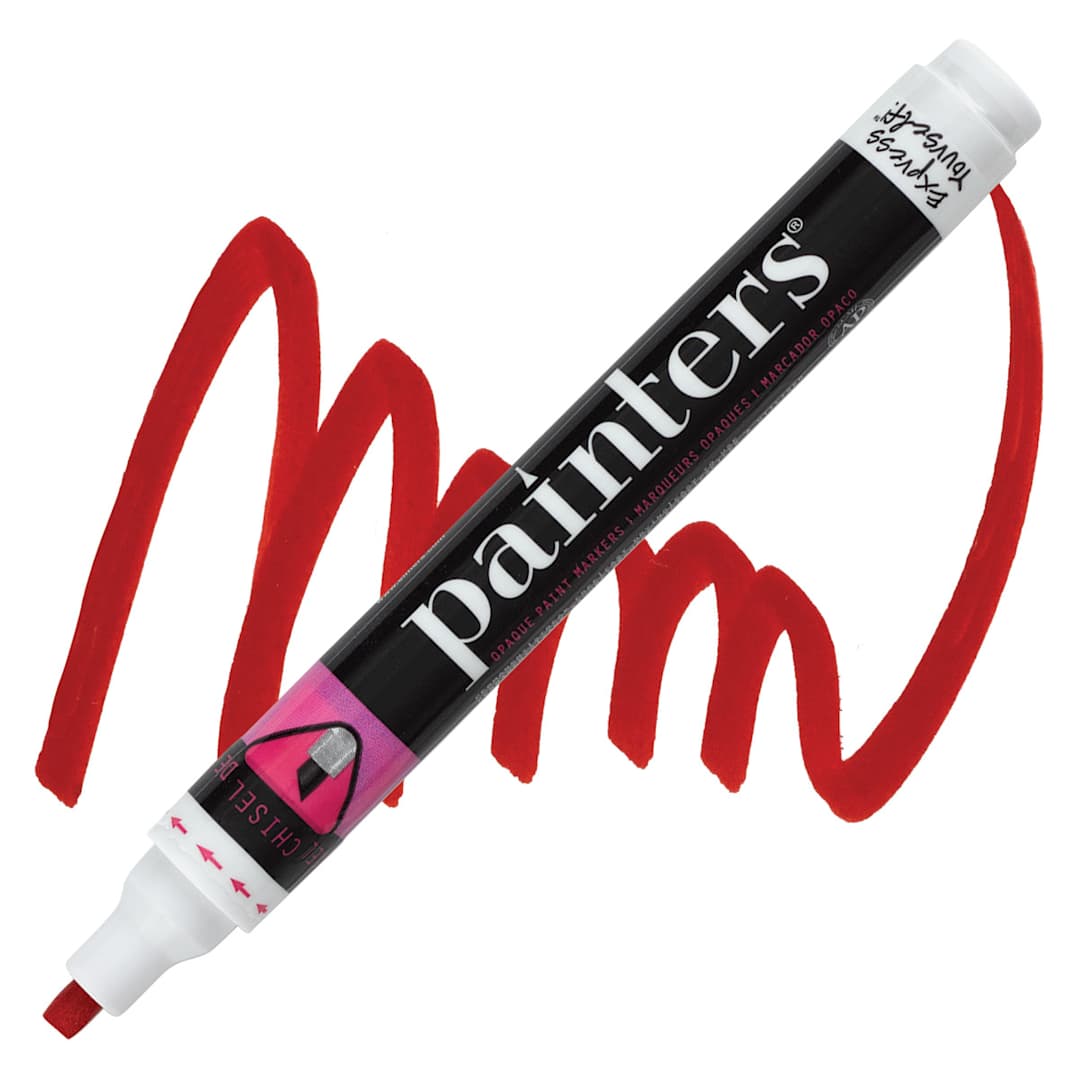 Open in modal - Elmer's Painters Paint Marker - Red, Chisel Point marker and swatch
