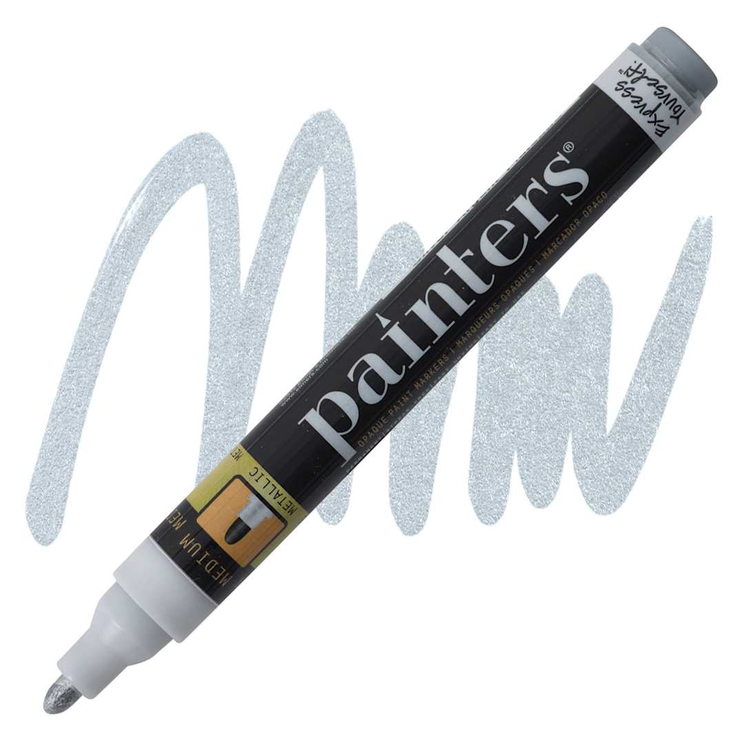Open in modal - Elmer's Painters Paint Marker - Metallic Silver, Medium Point marker and swatch