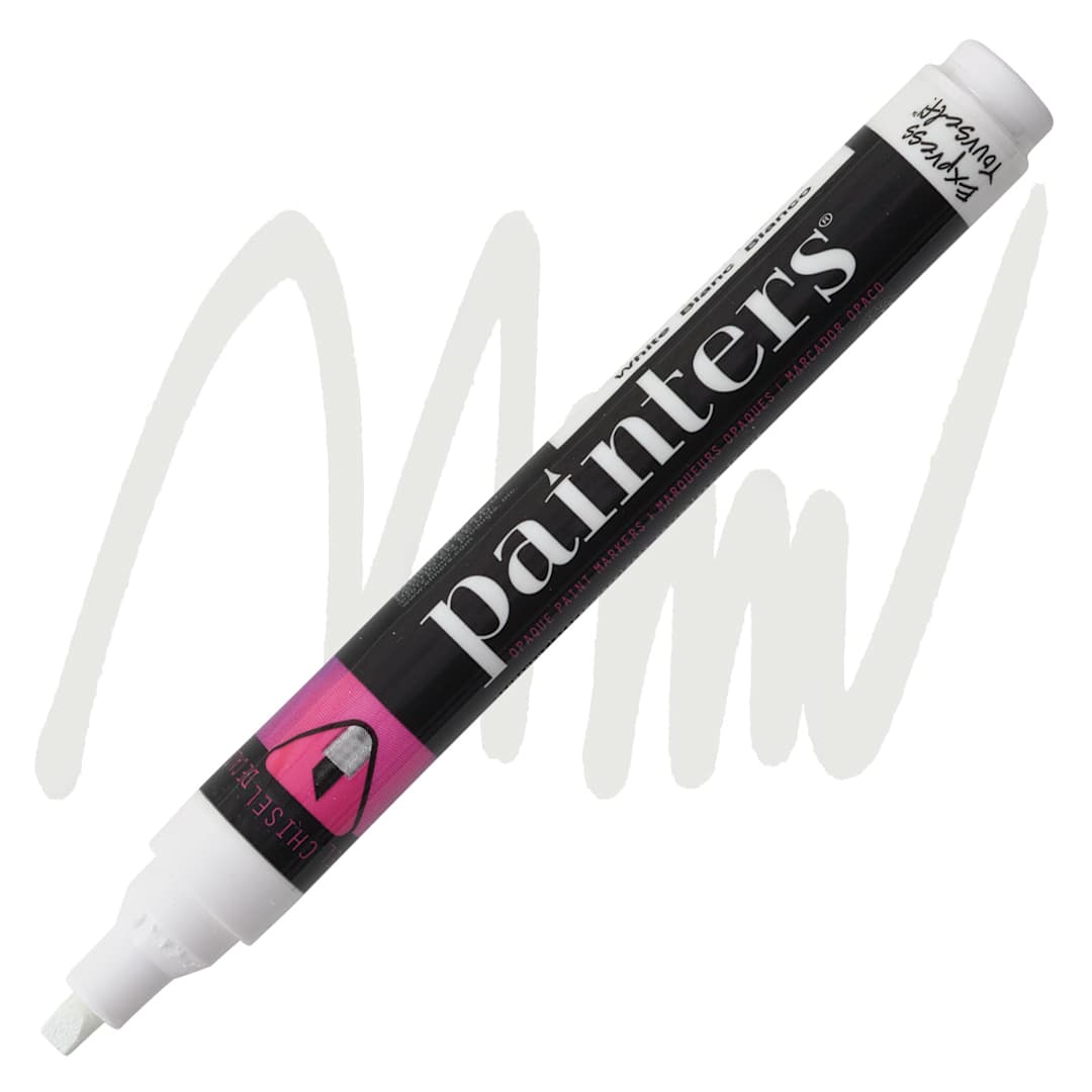 Open in modal - Elmer's Painters Paint Marker - White, Chisel Point marker and swatch