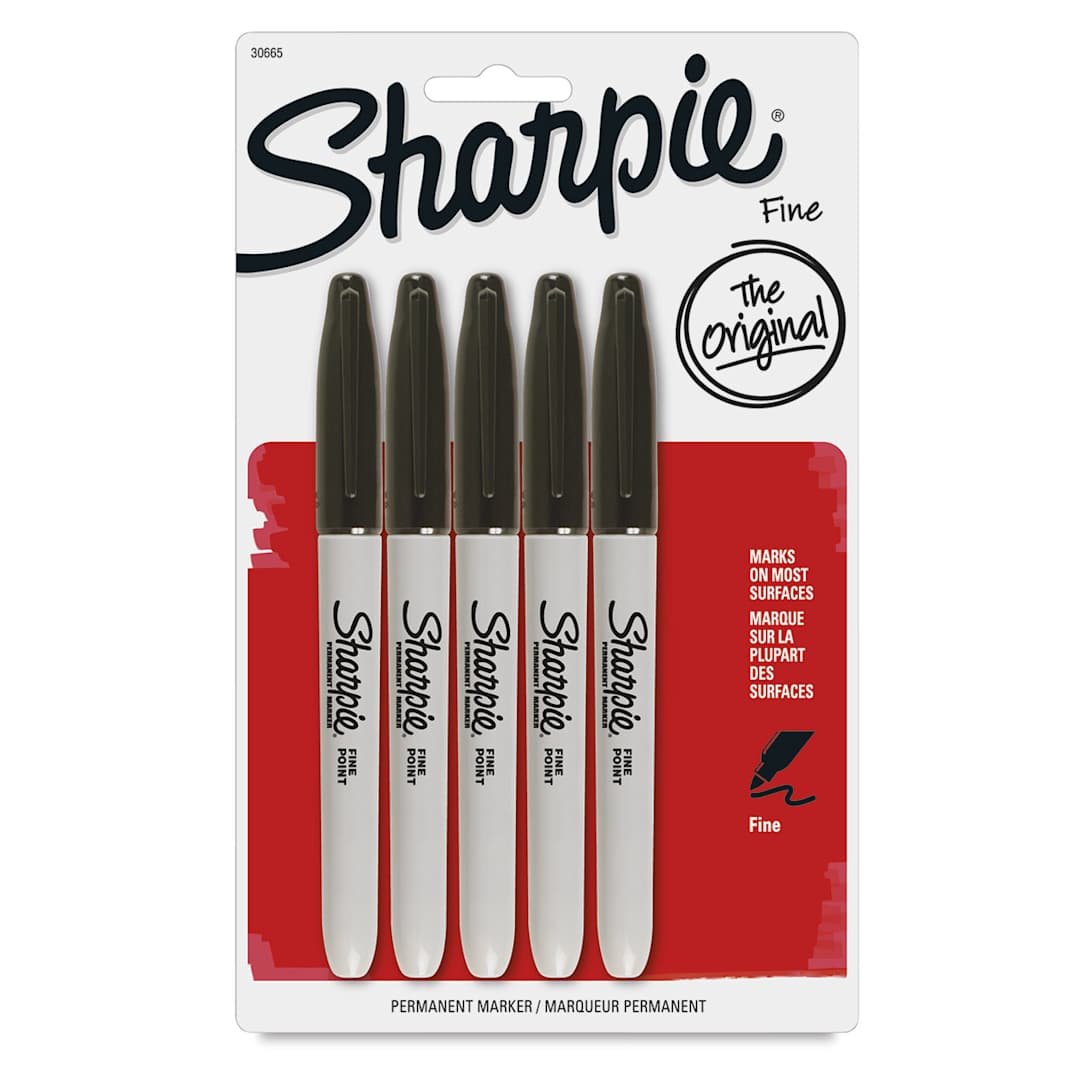 Open in modal - Sharpie Fine Point Permanent Markers - Black, Pkg of 5, front of the packaging