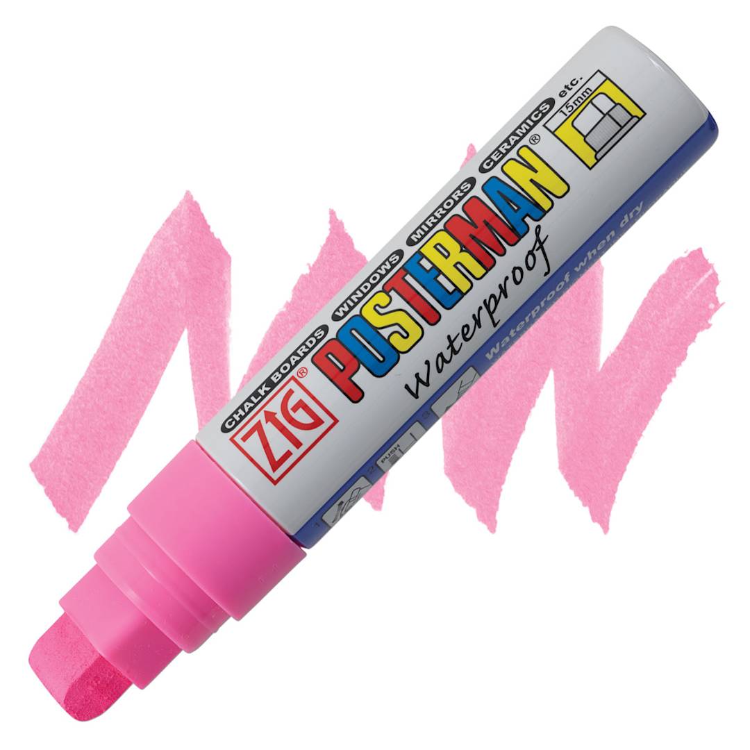 Open in modal - Zig Posterman Paint Marker - 15 mm, Fluorescent Pink, Big & Broad marker and swatch