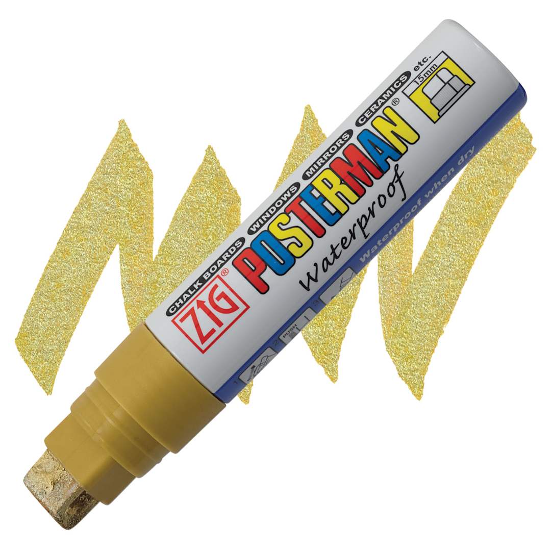 Open in modal - Zig Posterman Paint Marker - 15 mm, Metallic Gold, Big & Broad marker and swatch