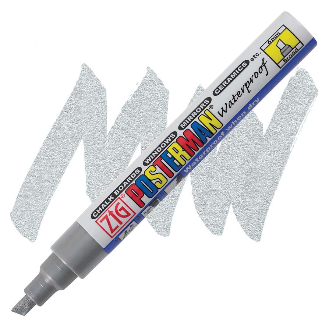 Open in modal - Zig Posterman Paint Marker - 6 mm, Metallic Silver, Chisel Tip marker and swatch