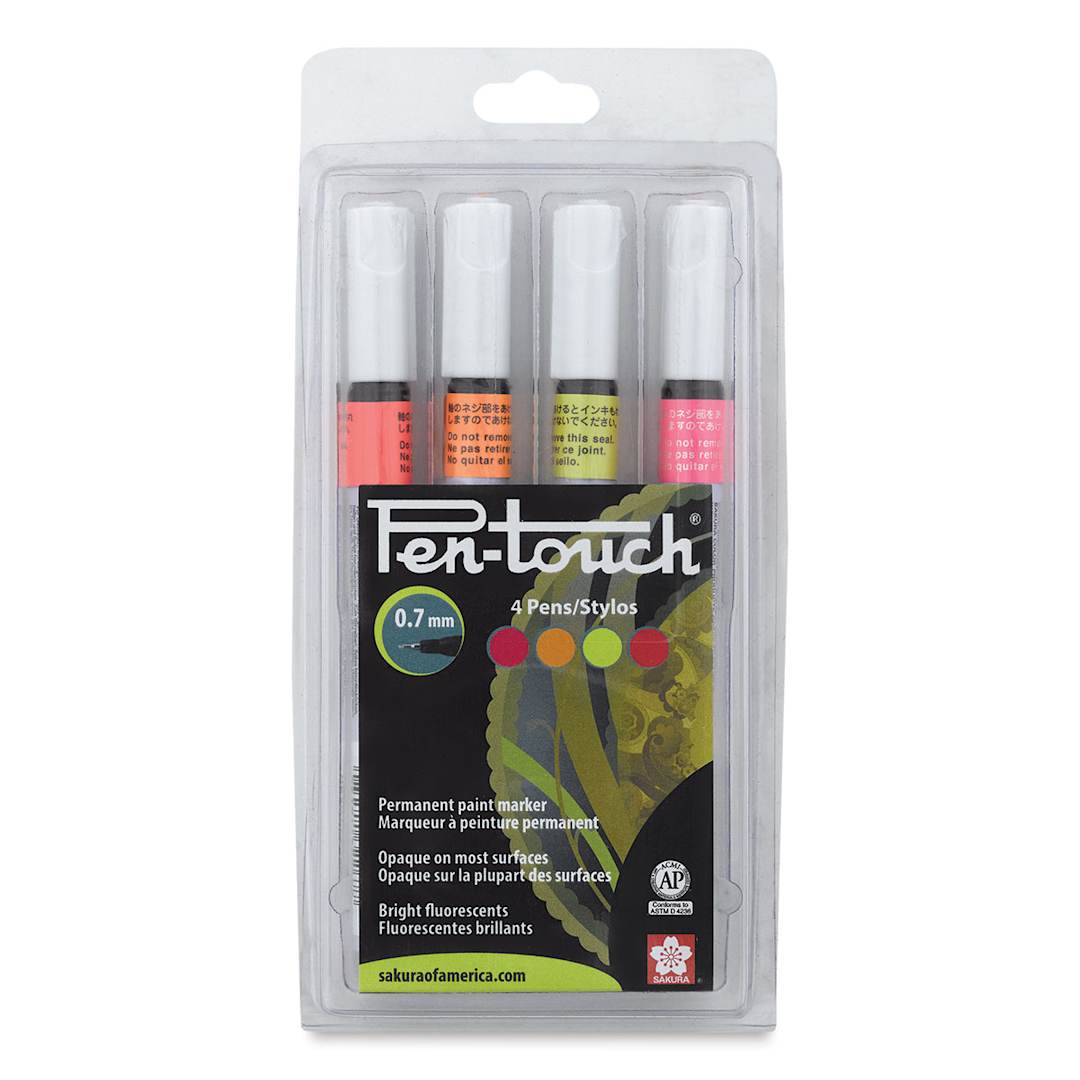 Open in modal - Sakura Pen-Touch Paint Marker Set - Front of package of 4 pc Fluorescent Colors Set Extra Fine Tip 