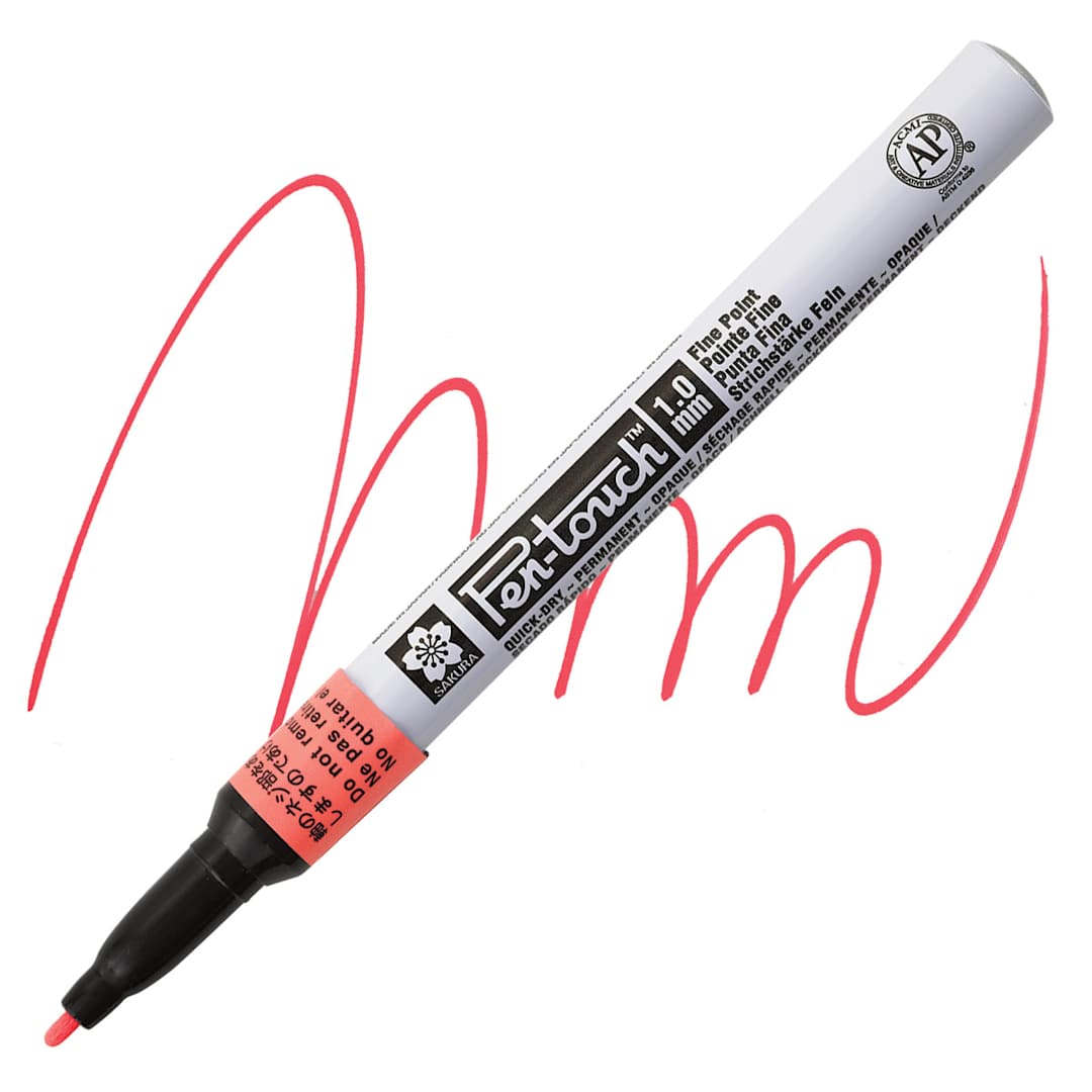 Open in modal - Sakura Pen-Touch Paint Marker - Fine Tip, Fluorescent Red marker and swatch